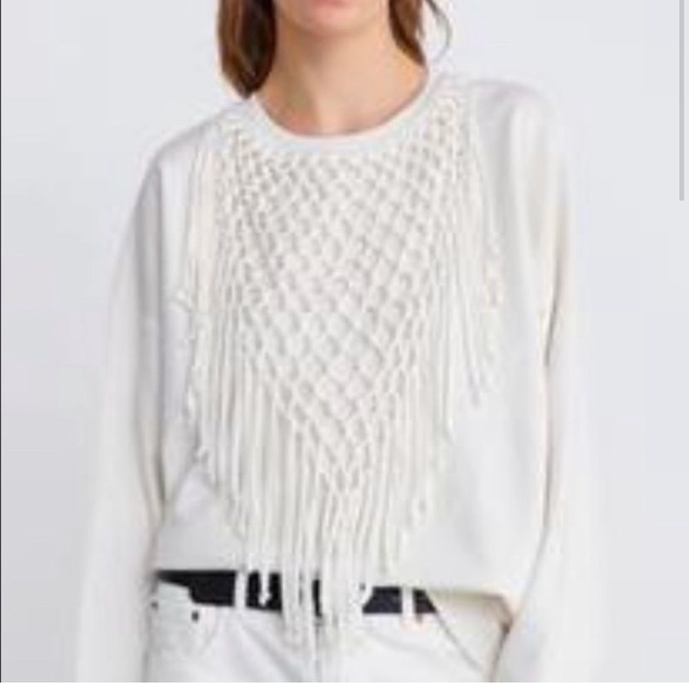 Zara Cream Fringe Detail Macrame Sweatshirt Oversized Crewneck - Size S